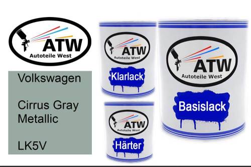 Volkswagen, Cirrus Gray Metallic, LK5V: 1L Lackdose + 1L Klarlack + 500ml Härter - Set, von ATW Autoteile West.